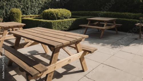 Wooden Picnic Tables Set Up On A Paved Patio Area With Lush Greenery In The Background.
