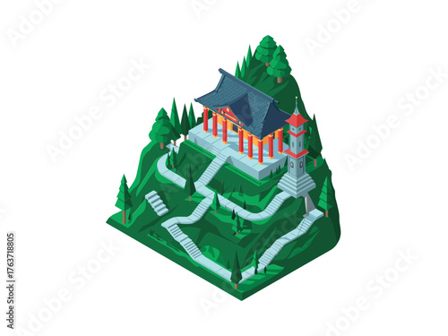 Isometric mountain shrine, cliffside pavilion among pines, stone stairs, elevated landscape, spiritual retreat feeling, detailed vector illustration