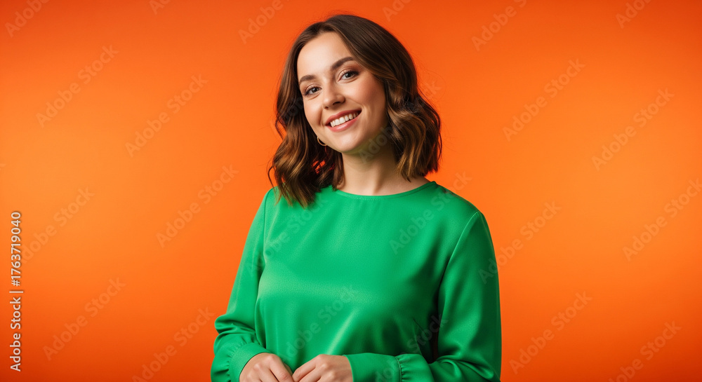 Fototapeta premium Smiling Woman in Green Blouse on Orange Background