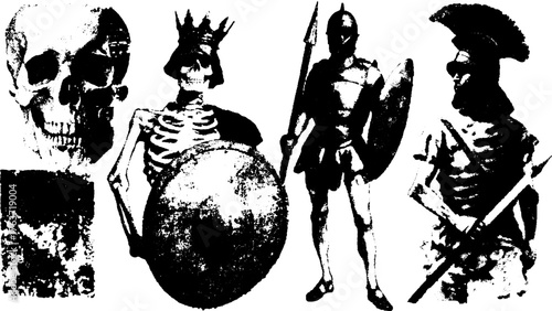 Skeleton warrior with skull and spear illustration. Monochrome design in vector set with eerie and medieval elements.