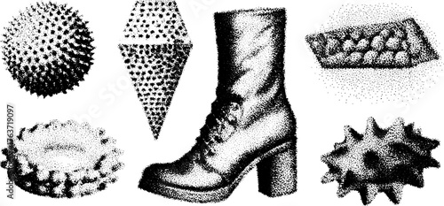 Boot, spike, sphere, and pyramid shapes in a set. Unique black abstract graphic vector illustrations showcasing various textures and designs.