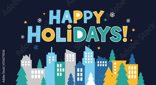 Happy holidays greeting card christmas celebration winter season city