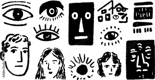 Engraving and silhouette illustrations featuring faces and eyes. Vintage vector illustration with outlines and stipple design in a cohesive set.