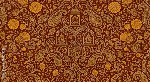 Brown Gold Paisley Pattern with Floral and Architectural Motifs Backdrop