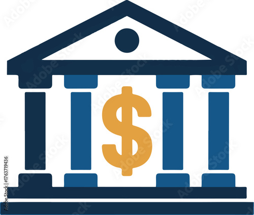 Blue bank building with golden dollar sign icon money vector illustration EPS file download.
