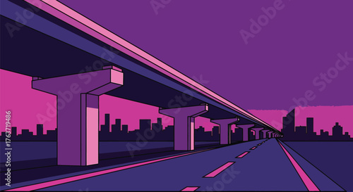 Retro cityscape illustration with highway and bridge at sunset time
