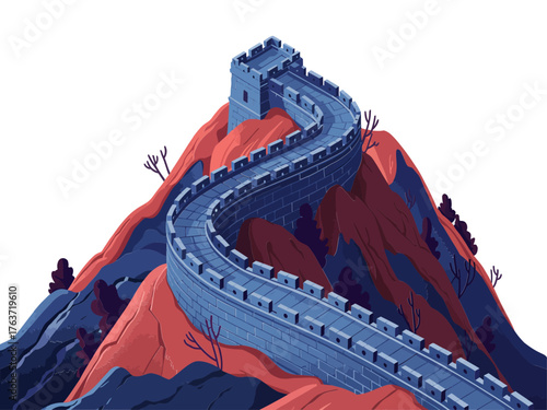 Historic wall through mountains, rugged red cliffs, winding battlements, high watchtower, epic scenery, cultural journey, exploration travel vector