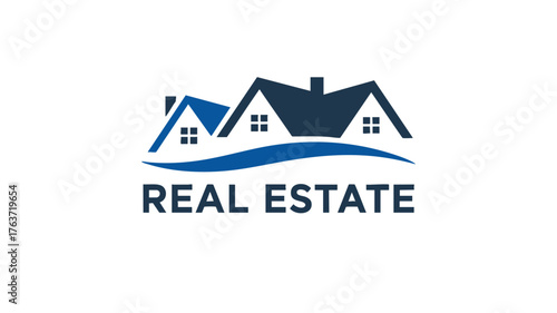 Modern real estate logo with three houses and wavy blue element vector