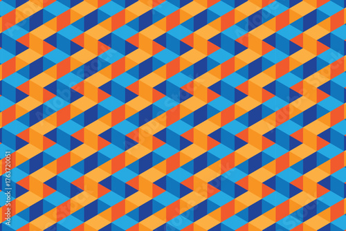 Repeating Geometric Pattern of Blue and Orange Cubes Creating a Dynamic Zigzag Design
