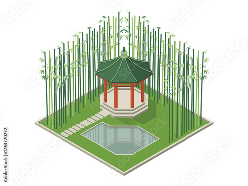 Bamboo forest retreat isometric, octagonal pavilion beside water, manicured lawn base, serene zen environment, traditional landscape vector