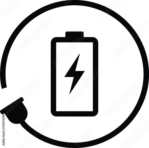 Battery charging icon, power recharge symbol, energy efficiency graphic, lightning bolt in battery, plug connection, vector UI element, device status