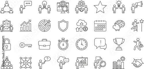 Black and white business icons, productivity, teamwork, communication, strategy, goal setting, analytics, innovation, global, time, achievement, vector set