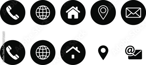 Black circular contact icons, phone, globe, home, location, email, internet, communication, navigation, web, interface, vector symbol set