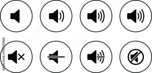Black circular sound icons, speaker volume, mute, audio settings, sound control, interface, UI, digital, web, vector symbol set