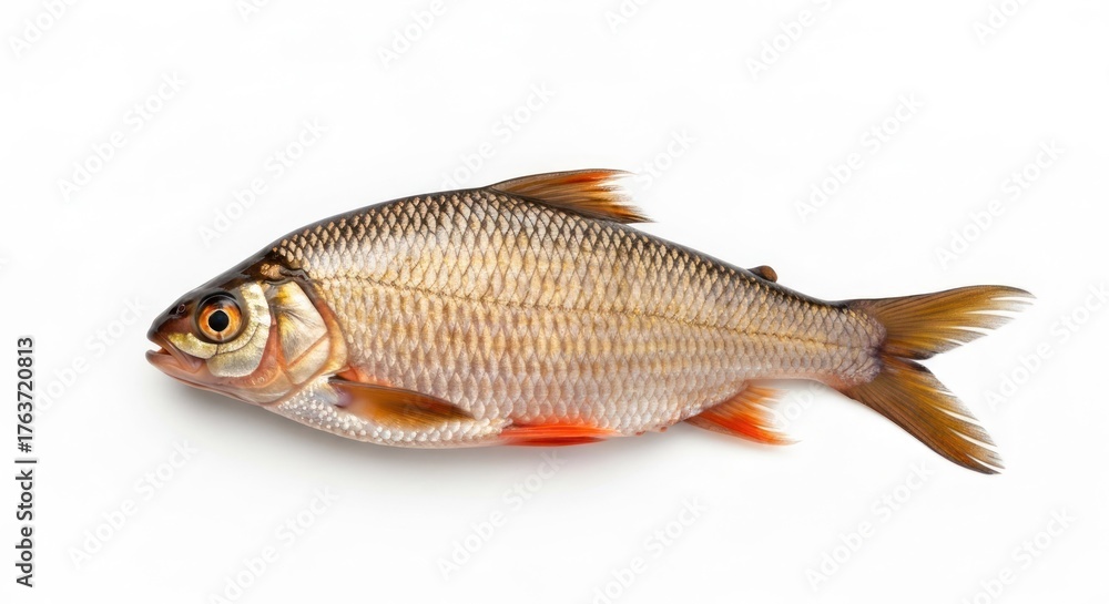 Obraz premium Freshwater fish tan scales, orange fins and eyes, isolated on white