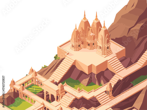 hilltop sanctuary architecture, terraced staircases, ornate shrines, rocky slope environment, spiritual monument, isometric design, travel landmark vector
