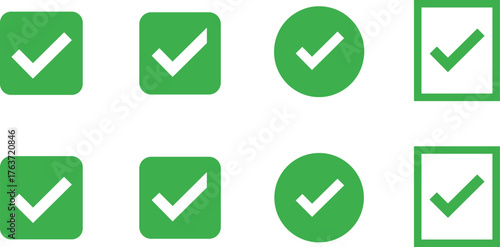 Check mark icon set, green approval symbols, UI confirmation graphic, vector design, completed task, correct sign, minimal interface element