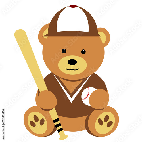 Teddy bear in baseball cap holding bat and ball
