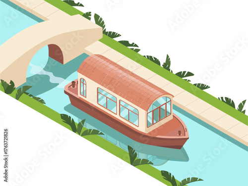 Canal Boat Cruise, Narrow Waterway, Arched Bridge, Riverside Path, Calm Water, Isometric Illustration, Transportation, Tourism, Relaxation
