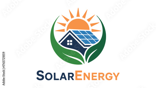 Solar energy logo featuring a house with solar panels and a radiant sun vector