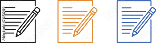 Writing icon set, pencil on paper graphic, black orange blue theme, documentation symbol, education vector, note-taking UI element design