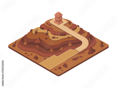 desert canyon terrain, isometric mesa plateau, hiking trail road, lookout tower, cartography style map, game environment, vector illustration