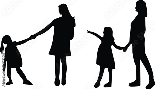 Mother and Child Silhouette Illustration | Woman Holding Kid Hand Vector | Family Love, Parenthood, Caring Mom with Daughter Graphic | Motherhood and Childhood Concept Art