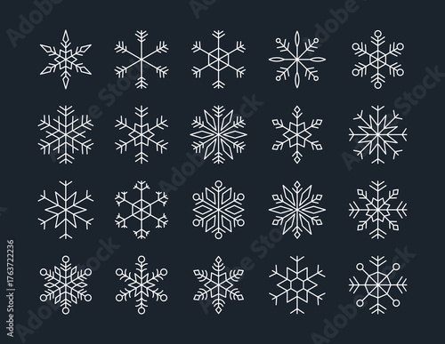 set of abstract blue line snowflakes icons, snowflake snow symbol collection for new year, Christmas, winter design cards, poster, banner, pattern, advertisement , snowflakes vector icon template	