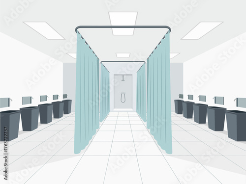 shower corridor, privacy curtain walkway, bright lighting, tiled walls and floor, locker room facility, hygiene interior, vector illustration