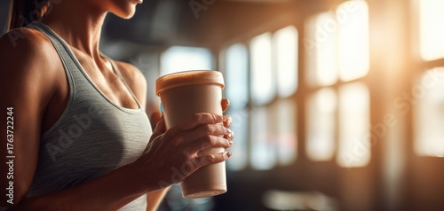 The woman holding a travel coffee cup in a sunlit gym studio after workout