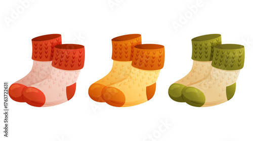 Set of three pairs of multicolored knitted socks on a white background. Cozy, autumn, vector illustration.