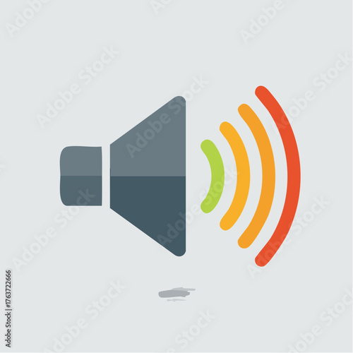 Clean flat design vector icon of an audio speaker with decreasing sound waves, symbolizing volume control, multimedia output, or audio reduction in a modern interface