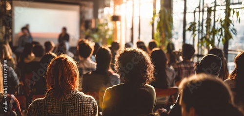 The audience listening to speakers in a bright modern seminar room with large windows