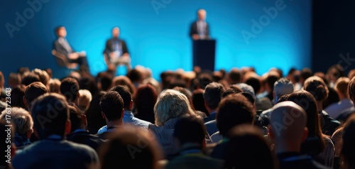The audience listening intently at a professional conference with panelists speaking on stage