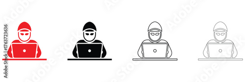 anonymous hacker icon, hooded figure using a laptop, cybercrime, hacking, and online security threats symbol vector illustration