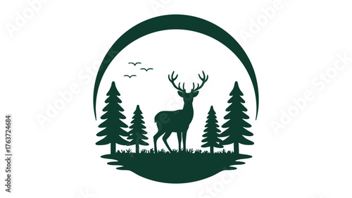Majestic deer silhouette within an oval forest scene emblem for nature and wildlife enthusiasts vector
