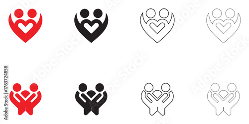 couple love heart romantic vector icon set, romance love shape vector illustration, silhouette and line art