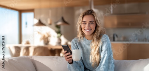The woman relaxing on a sofa with coffee and smartphone in bright modern kitchen