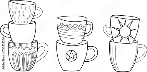 Stacked coffee cups line art illustration, tea mugs outline drawing. Black and white kitchen vector with decorative patterns for café menu, morning drink and home décor design