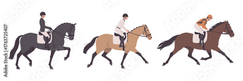Illustrations of equestrians and their horses in various competitive riding sports