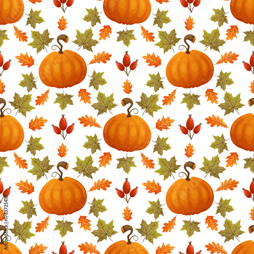 Seamless autumn pattern of pumpkins and fallen leaves. Concept of autumn, harvest, nature, forest. Vector illustration.