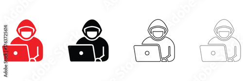anonymous hacker icon, hooded figure using a laptop, cybercrime, hacking, and online security threats symbol vector illustration