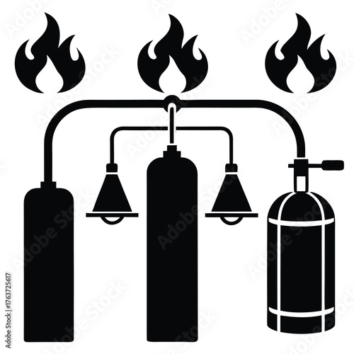 Black silhouette icon of chemical reaction process with flames and equipment