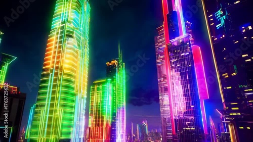 Neon-lit Skyscrapers in Futuristic City at Night
