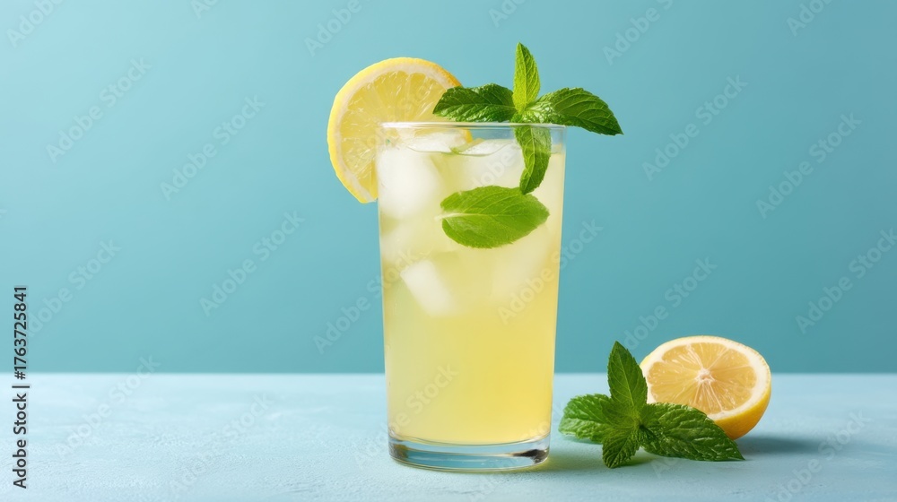 Fototapeta premium Refreshing Glass of Lemonade with Ice and Mint on a Summer Day, Perfect for Hot Weather and Thirst-Quenching Moments
