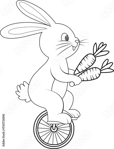 Cute bunny riding unicycle holding carrots line art illustration, funny rabbit outline drawing, black and white cartoon animal vector for kids colouring page