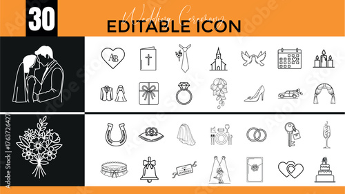 Collection of hand drawn wedding and marriage icons for invitations and design projects