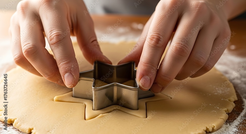 Fototapeta premium Hands Cutting Cookie Dough with Star Shaped Cutter in Kitchen