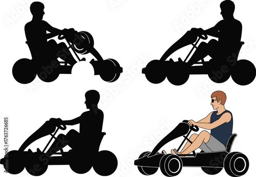 Go-kart rider silhouette and full-color illustration showing seated posture, steering action, sunglasses detail, vector design for racing and activity