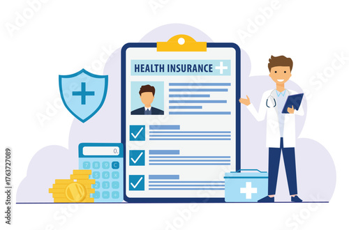 Health insurance concept. Doctor stands beside a large insurance checklist with a clipboard, shield, first aid kit and money